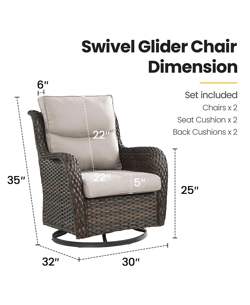 Gymojoy LunaCurve Wicker 3-Piece Outdoor Swivel Glider Set Conversation with 5 in. Thick Cushions