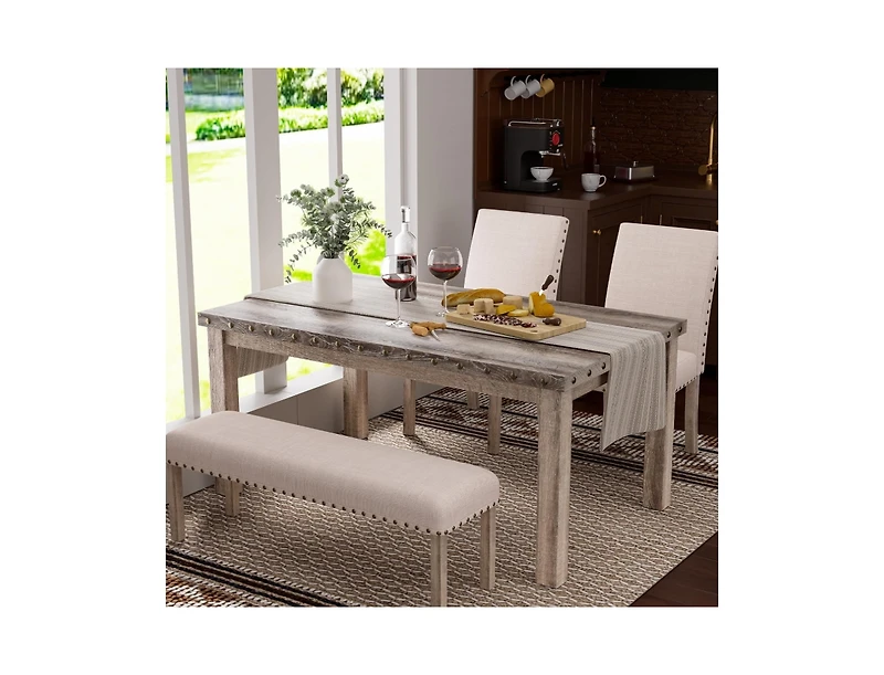 Morden Fort Farmhouse Dining Table Set for 4, Rustic Wooden Kitchen Table with Upholstered Bench & 2 Chairs, Country Style Dining Set for Family Gathe