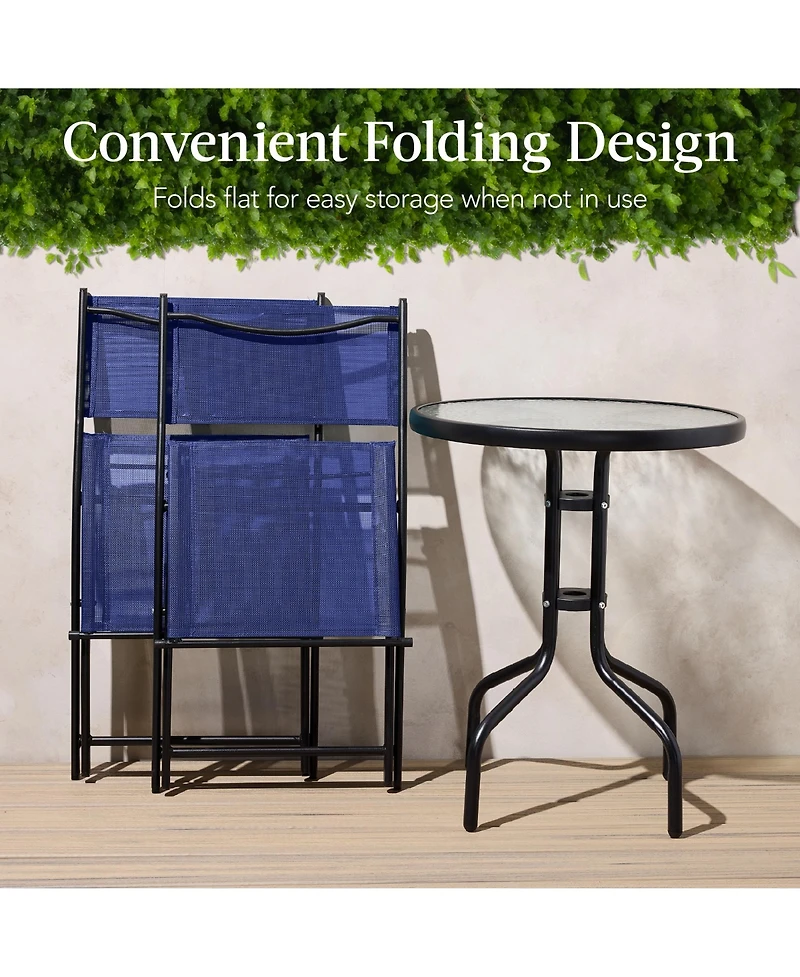 Best Choice Products 3-Piece Patio Bistro Dining Furniture Set w/ Round Textured Glass Tabletop, Folding Chairs