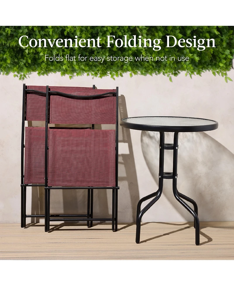 Best Choice Products 3-Piece Patio Bistro Dining Furniture Set w/ Round Textured Glass Tabletop, Folding Chairs