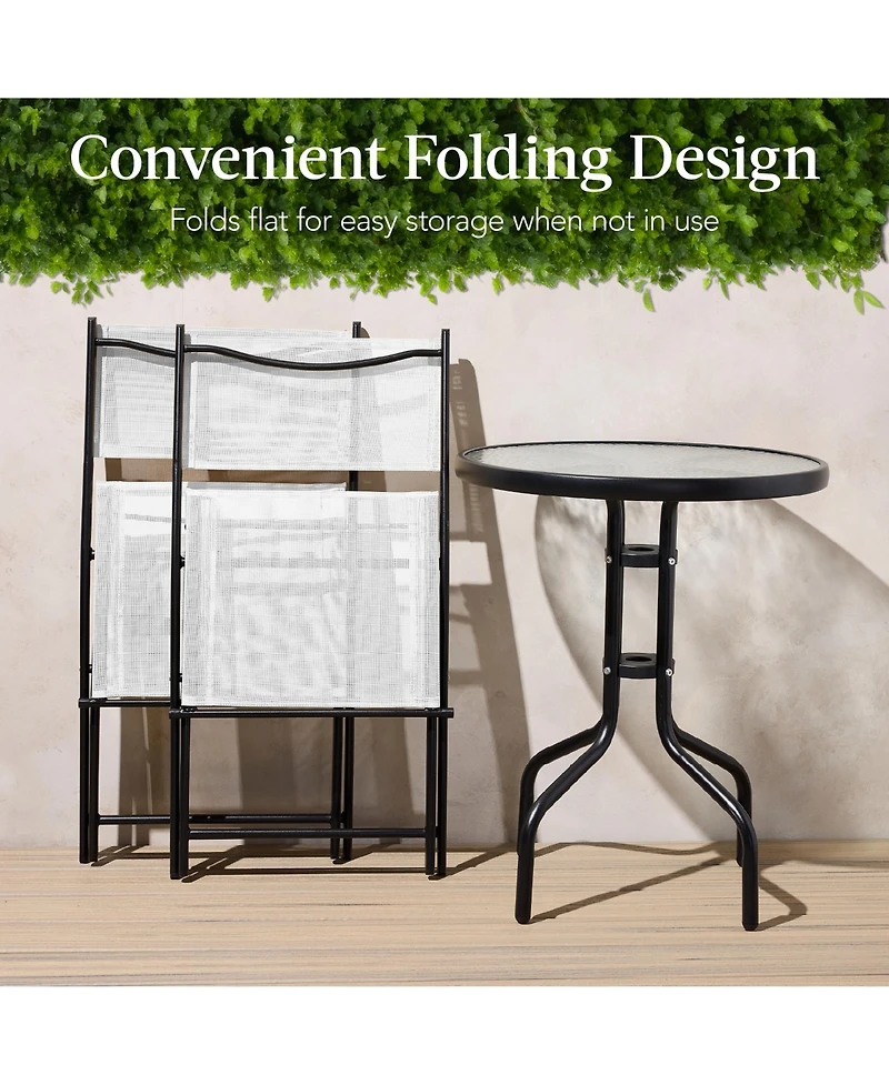 Best Choice Products 3-Piece Patio Bistro Dining Furniture Set w/ Round Textured Glass Tabletop, Folding Chairs