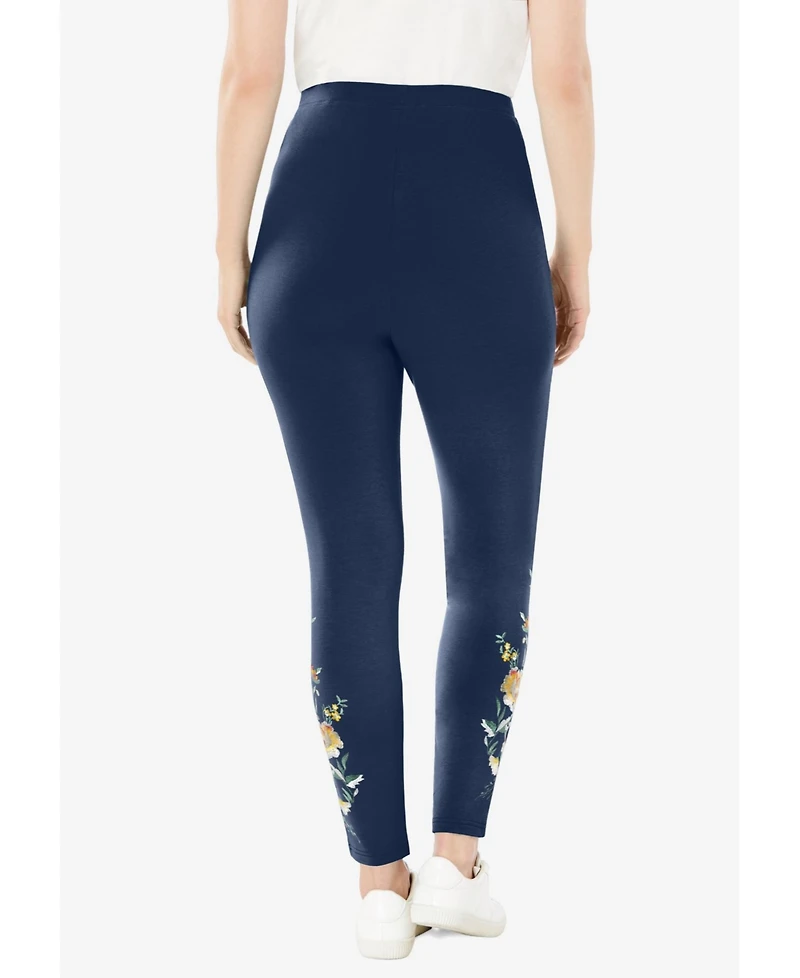 Woman Within Plus Size Women'S Plus-Size Stretch-Cotton Knit Pull-On Embroidered Leggings