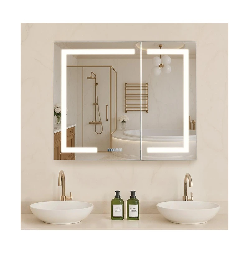 Slickblue Hd Tempered Glass Mirror Medicine Cabinet Lighted, Recessed Wall Mount