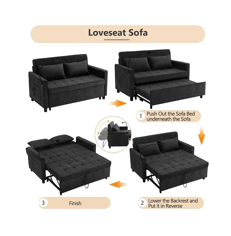 Maison Boucle 56.9" Pull-Out Sleeper Sofa with Usb Ports, Phone Holder & Adjustable Backrest, Convertible Bed Pillows-Maison