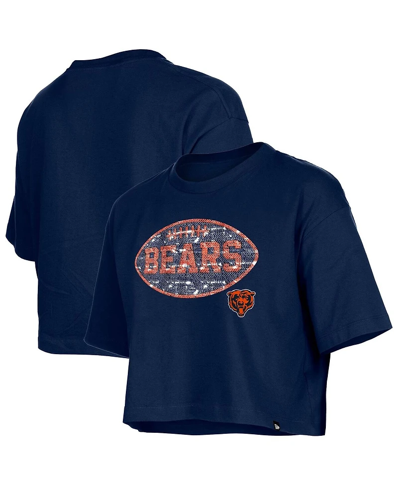 New Era Girl's Navy Chicago Bears Flip Sequin Boxy T-Shirt