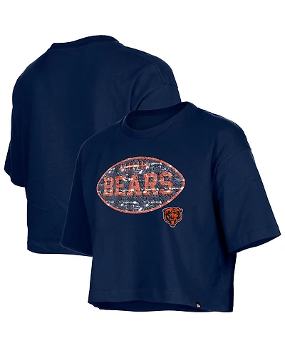 New Era Girl's Navy Chicago Bears Flip Sequin Boxy T-Shirt