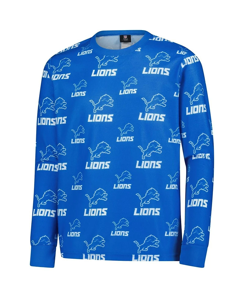 Outerstuff Big Boys and Girls Blue Detroit Lions All-Over-Print Long Sleeve T-Shirt Pants Sleep Set