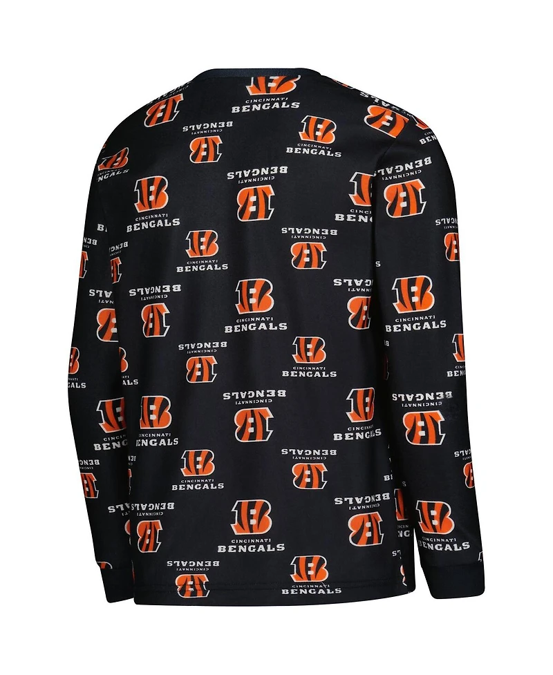 Outerstuff Big Boys and Girls Black Cincinnati Bengals All-Over-Print Long Sleeve T-Shirt and Pants Sleep Set