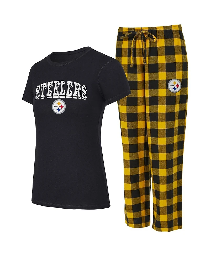 Concepts Sport Women's Black, Gold Pittsburgh Steelers Avondale T-Shirt Pants Flannel Pj Set