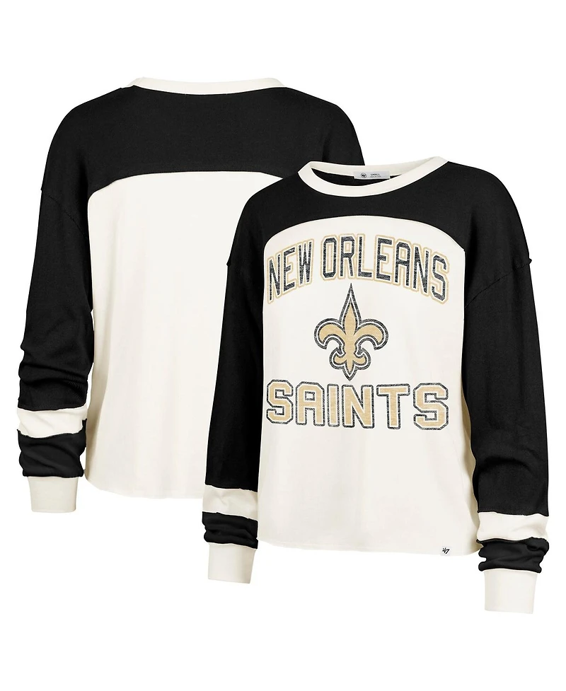 '47 Brand Women's Cream New Orleans Saints Double Header Curve Raglan Long Sleeve Crop Top