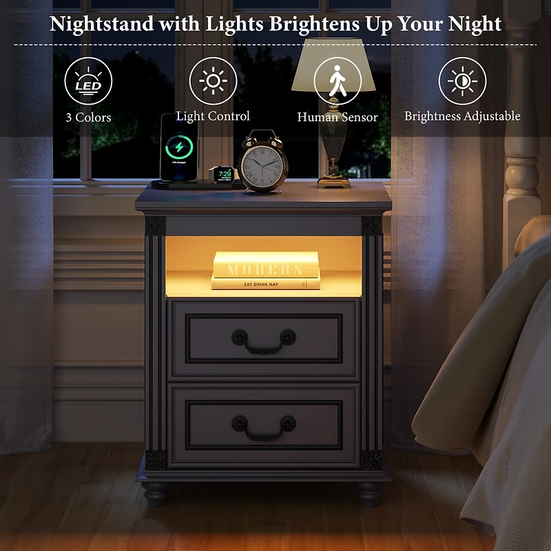 Vlsrka Nightstand with Charging Station, 3-Color Led & 2 Drawers