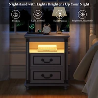Vlsrka Nightstand with Charging Station, 3-Color Led & 2 Drawers