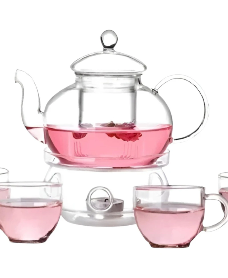 6-Piece Glass Teapot Set with Warmer and Infuser – Includes 4 Tea Cups for Elegant Tea Brewing and Serving