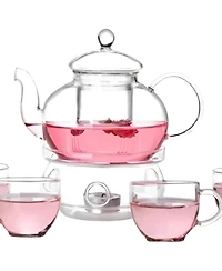 6-Piece Glass Teapot Set with Warmer and Infuser – Includes 4 Tea Cups for Elegant Tea Brewing and Serving