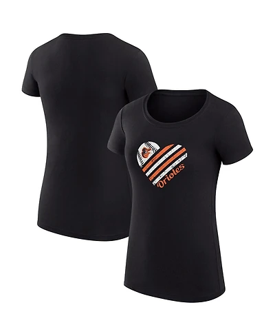 G-iii 4Her by Carl Banks Women's Black Baltimore Orioles Super-Slim Fit Lightweight Heart Graphic T-Shirt