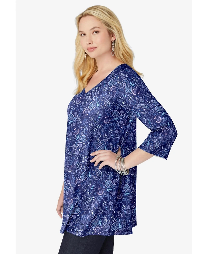 Woman Within Women's Perfect Printed Three-Quarter-Sleeve V-Neck Tunic