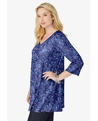 Woman Within Women's Perfect Printed Three-Quarter-Sleeve V-Neck Tunic