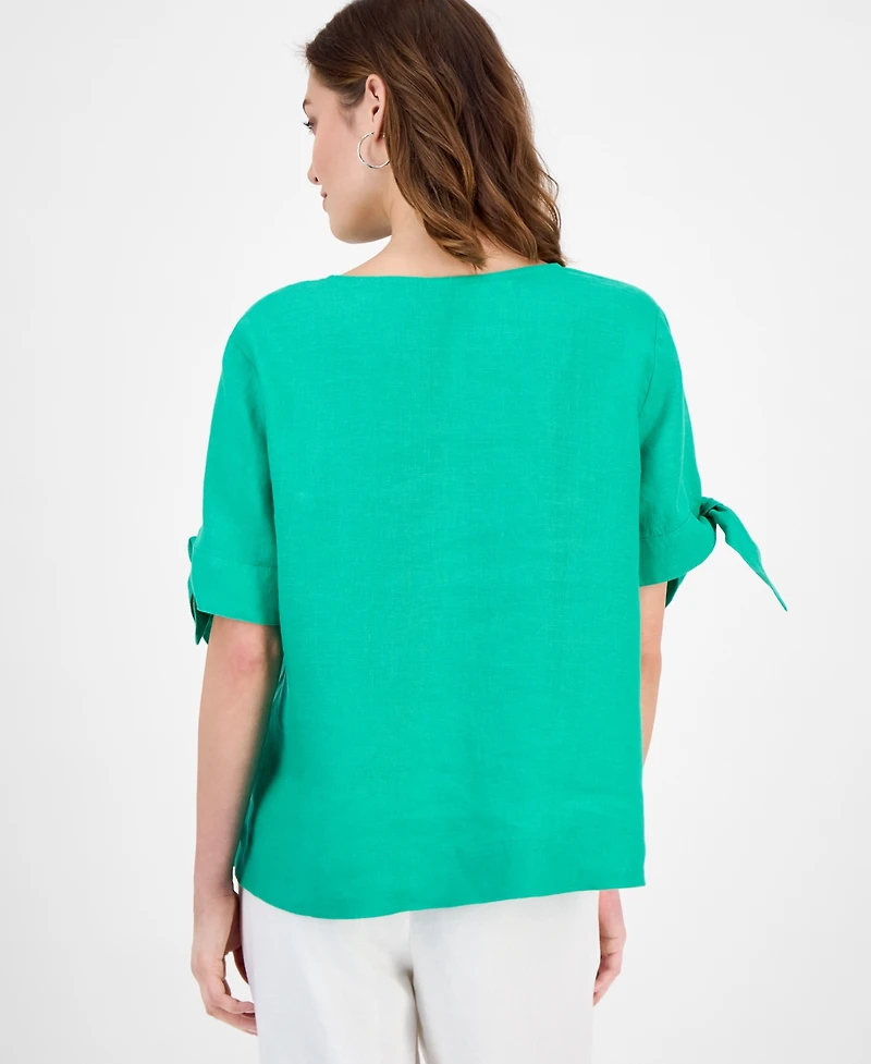 Charter Club Women's 100% Linen Split-Neck Tie-Cuff Top, Created for Macy's