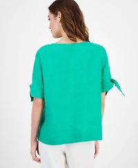 Charter Club Women's 100% Linen Split-Neck Tie-Cuff Top, Created for Macy's