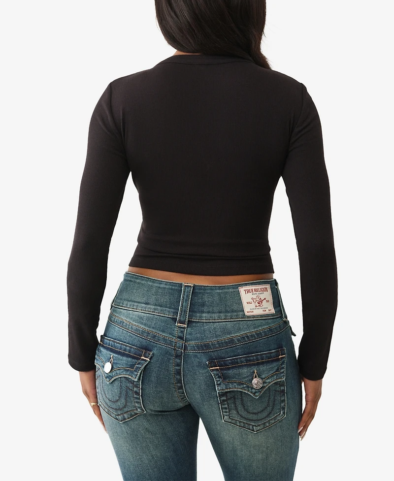 True Religion Women's Ls Printed Ribbed Henley Top
