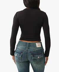 True Religion Women's Ls Printed Ribbed Henley Top