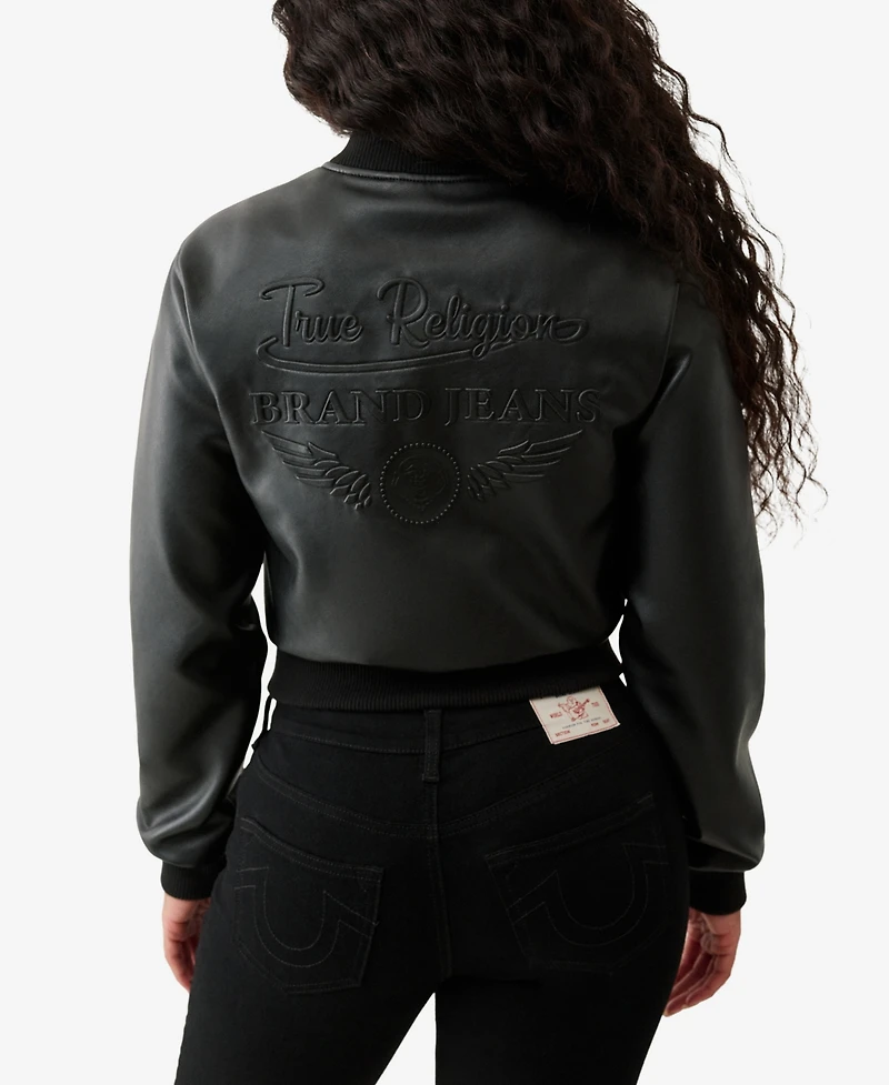 True Religion Women's Crop Polyurethane Bomber Jacket
