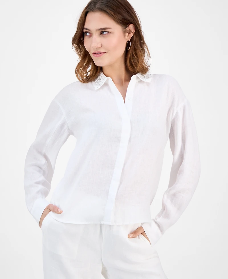 Charter Club Women's Embellished-Collar 100% Linen Shirt, Macy's Exclusive