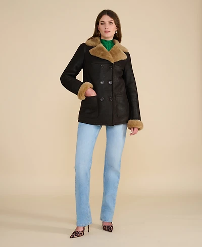 Furniq Uk Women's Leather Sheepskin Peacoat, Brown, Created for Macy's