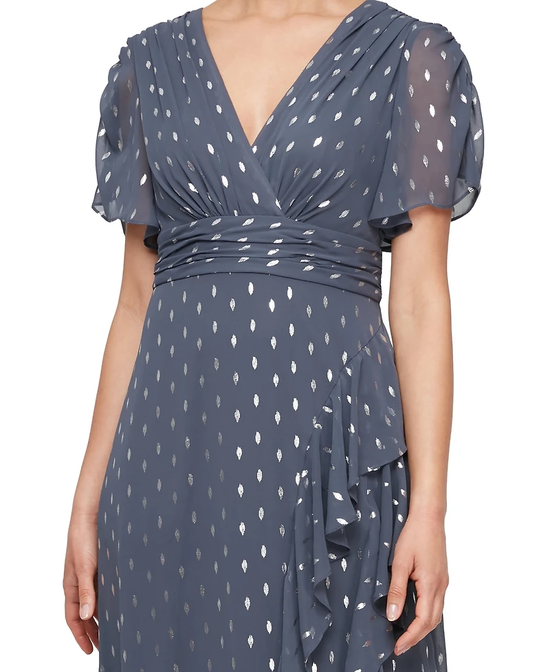 Sl Fashions Women's Foil-Print V-Neck Ruffle-Trim A-Line Dress