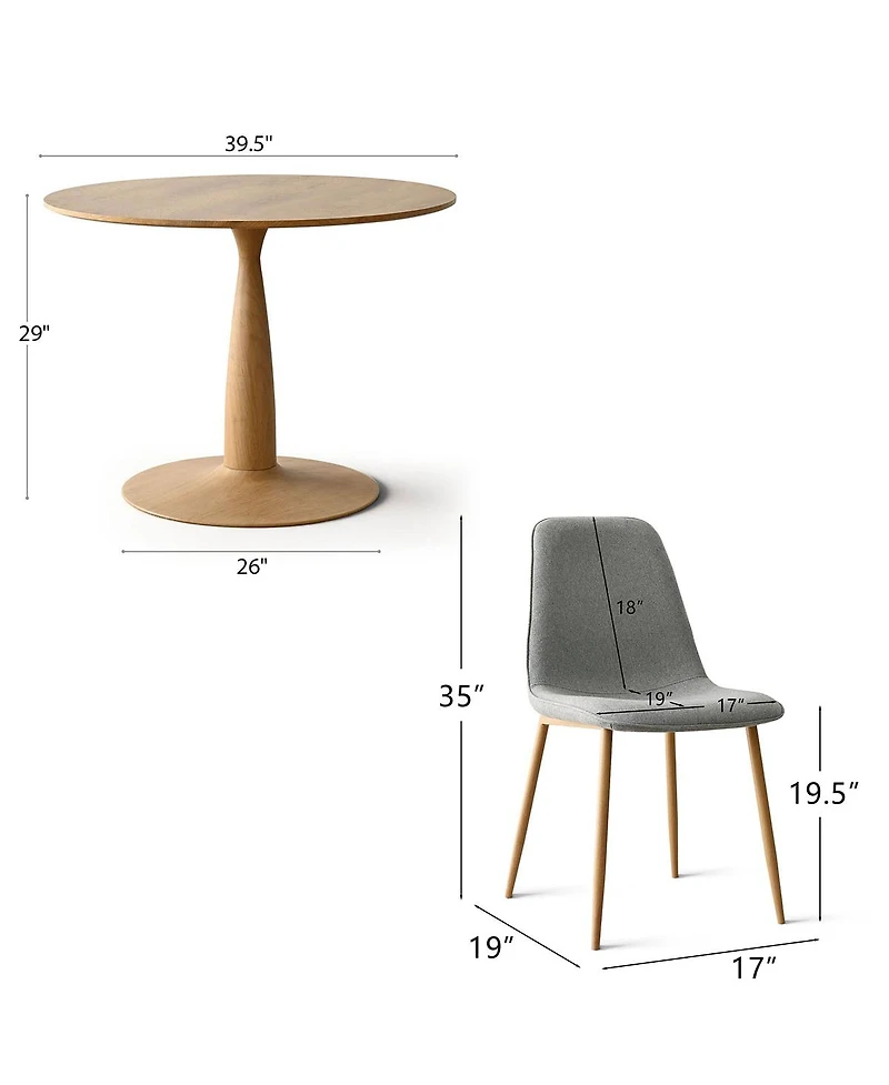 Maison Boucle Light Wood Finish 5-Piece Dining Set with 39.5 Inch Round Table and 4 Green Upholstered Chairs Wood-Look Metal Legs-Maison