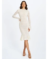 Miss Circle Women's Pamina Beige Crochet Long Sleeve Midi Flare Mermaid Dress