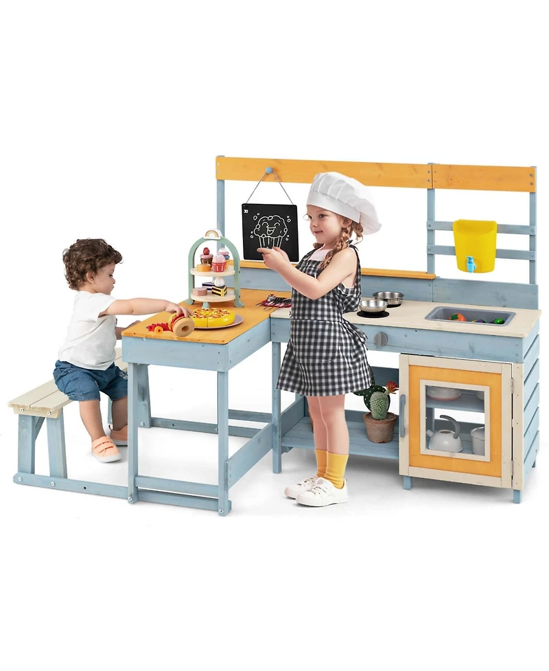 Mud Kitchen with Kids Picnic Table Built-in Bench Blackboard Water Box Sink