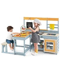 Mud Kitchen with Kids Picnic Table Built-in Bench Blackboard Water Box Sink