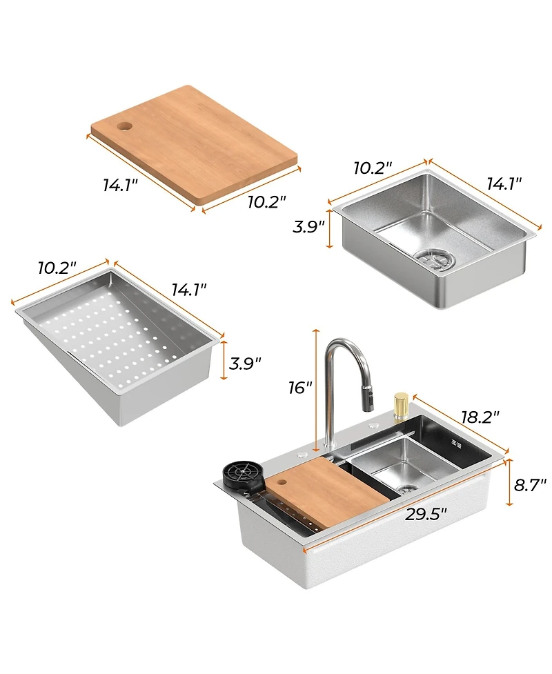 30-Inch Drop-In Single Bowl 304 Stainless Steel Kitchen Sink with Pull-Down Faucet, Cutting Board & Hidden Waterfall