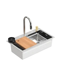 30-Inch Drop-In Single Bowl 304 Stainless Steel Kitchen Sink with Pull-Down Faucet, Cutting Board & Hidden Waterfall