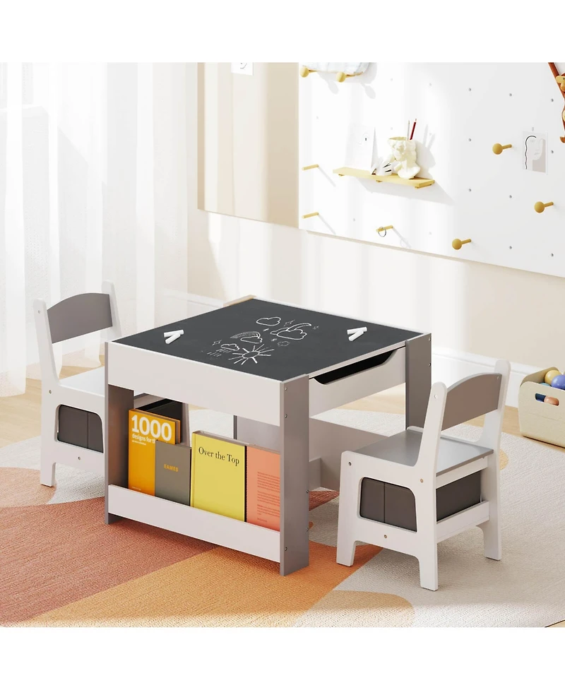 4-in-1 Kids Table & Chair Set Toddler Wooden Activity Table with Side Bookshelves