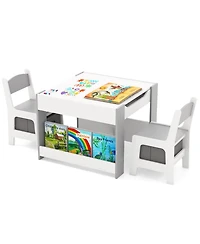 4-in-1 Kids Table & Chair Set Toddler Wooden Activity Table with Side Bookshelves