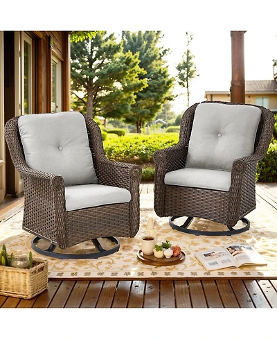 Gymojoy ChrysArm Wicker Patio 2-Piece Swivel Chairs Outdoor Rocking Chair with Thick Deep CushionGuard Olefin Cushion