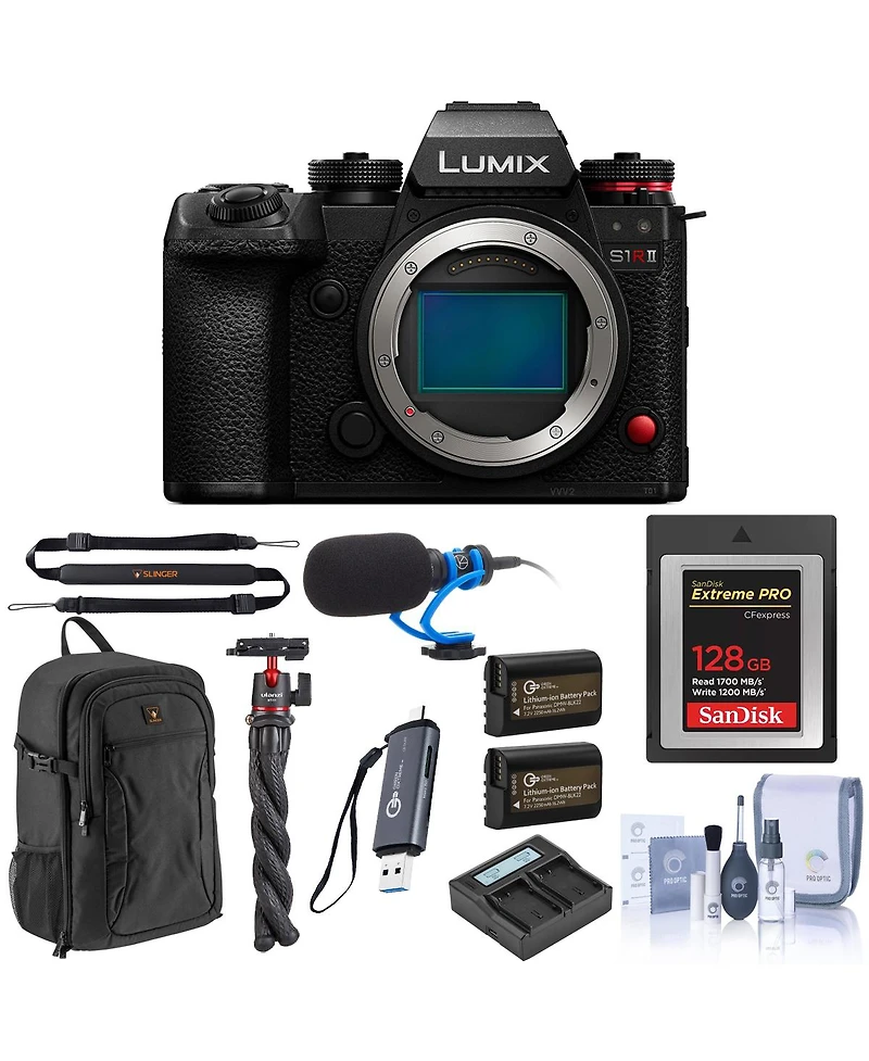 Panasonic Lumix S1RII Mirrorless Camera, Bundle with 128GB CFexpress Type-b Card, 2x Battery, Dual Charger, 2x Charger Plate, Mt-11 Tripod with Ball