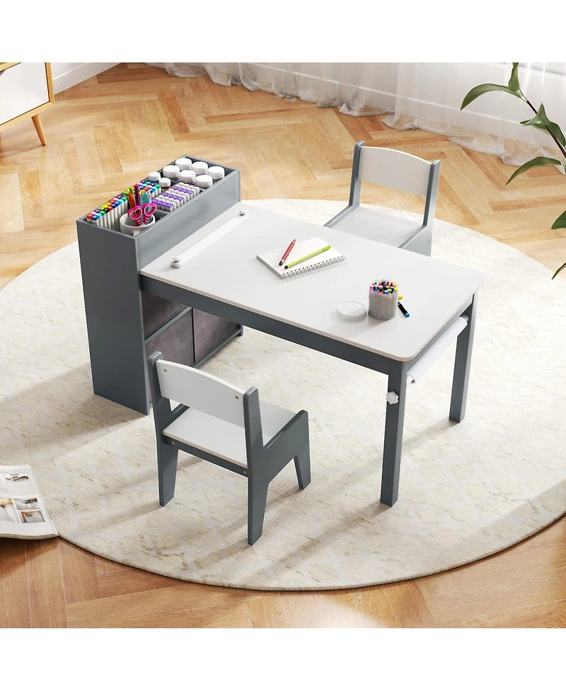 Kids Art Table & Chairs Set with Paper Roll Wooden Craft Study Desk Active Play