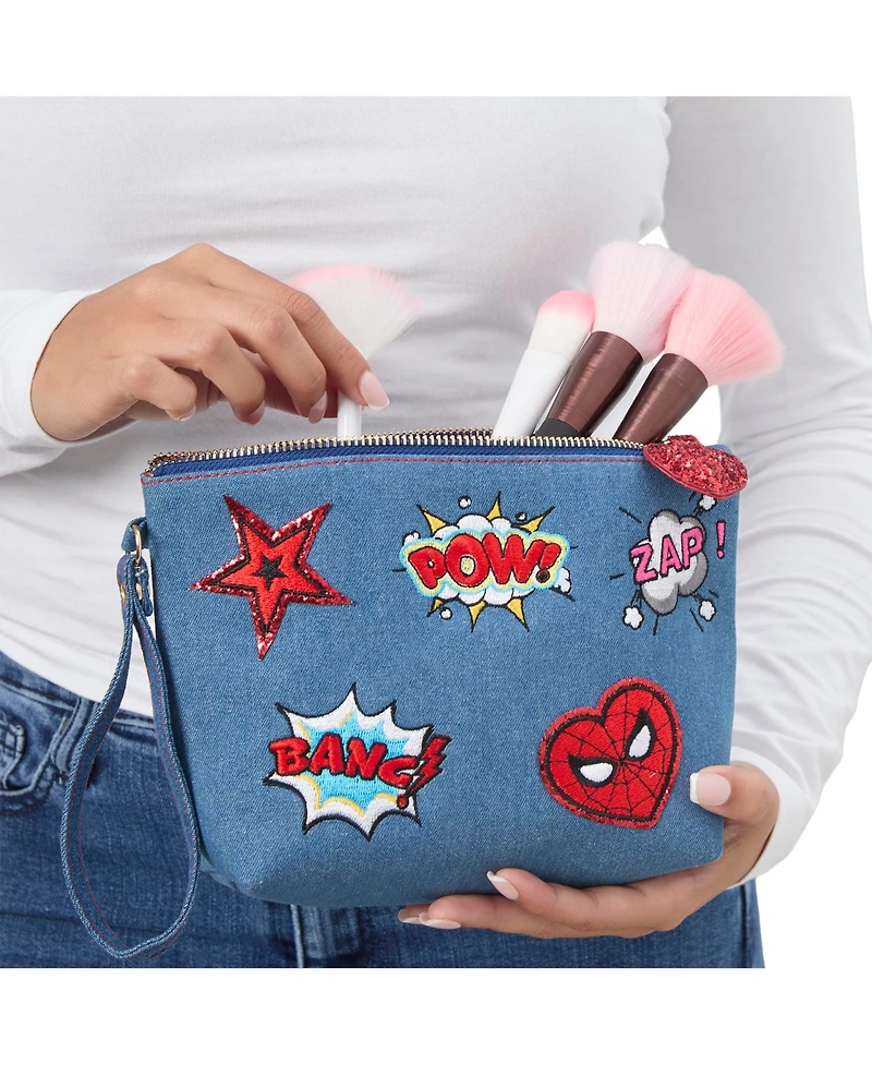 Marvel SpiderMan Denim Patch Cosmetic Pouch with Comic Pop Embellishments