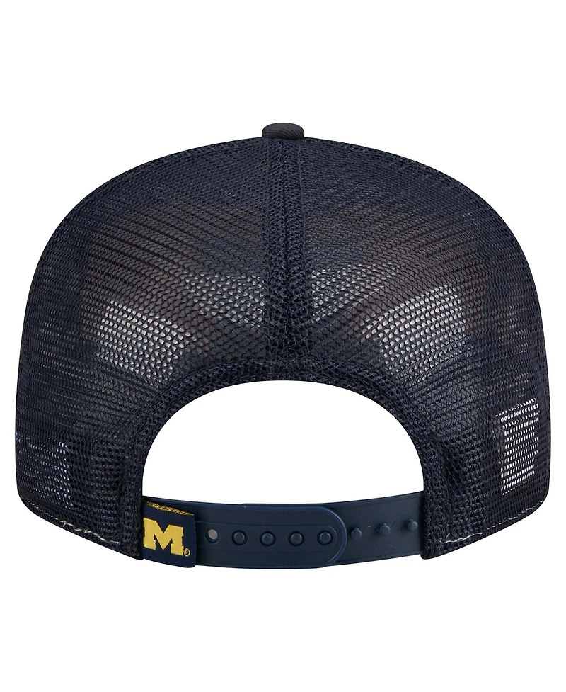 New Era Men's Black/Maize Michigan Wolverines Outdoor Wide Panel 9FIFTY Snapback Trucker Hat