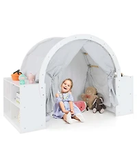 Indoor Playhouse with Storage Wooden Kids Play Tent with Curtain Shades & 8 Cubbies