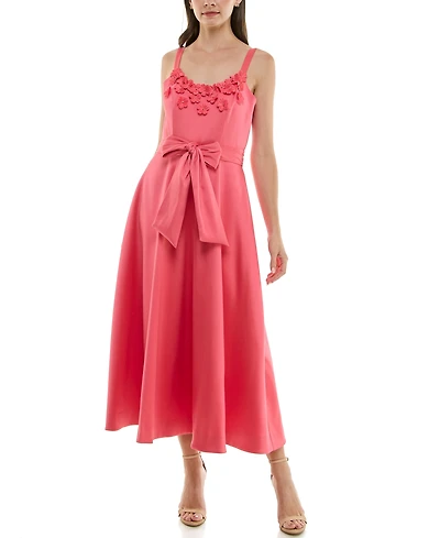 Taylor Women's Floral-Trim Bow-Waist Midi Dress