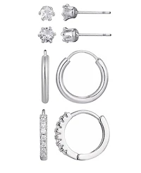 Adornia Silver Cz Hoop and Solitaire Stud Earrings Set