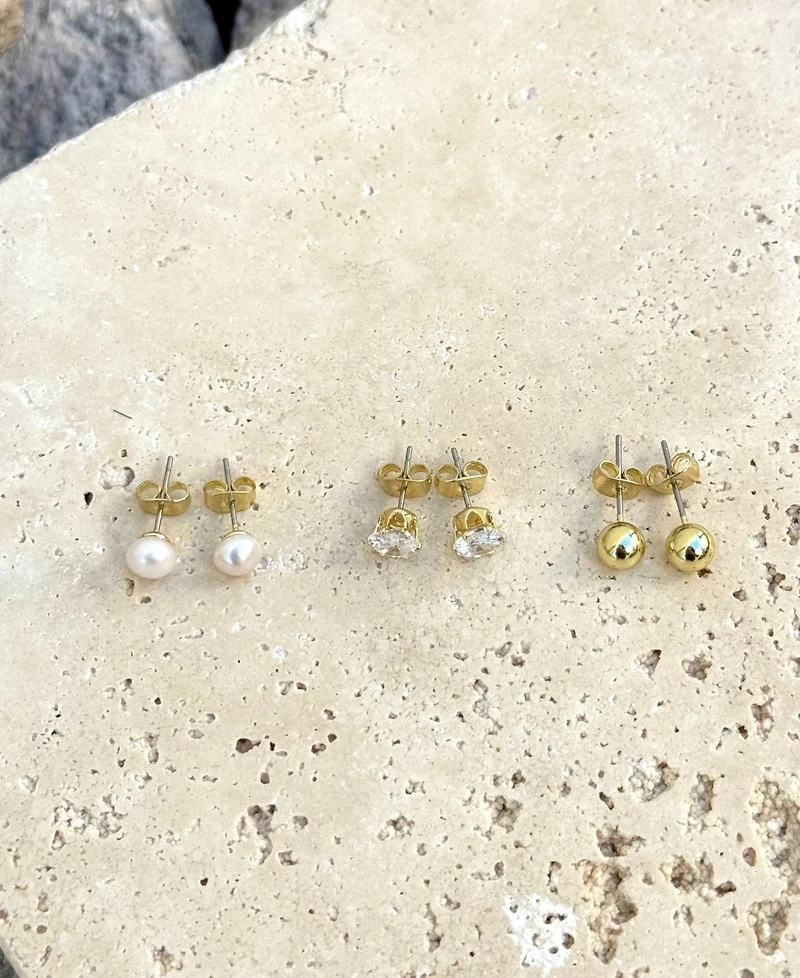 Adornia Gold Freshwater Pearl Stud, Ball and Solitaire Earrings Set