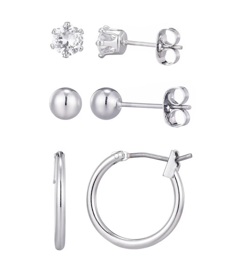 Adornia Silver Hoop, Solitaire and Ball Stud Earrings Set