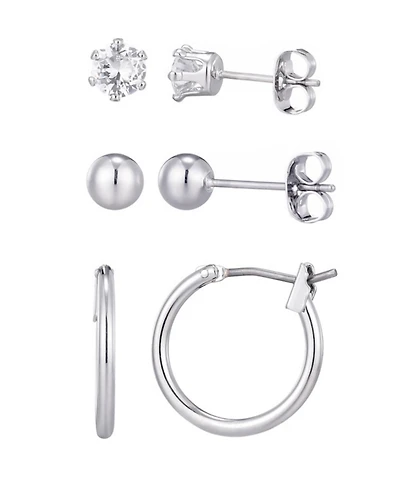 Adornia Silver Hoop, Solitaire and Ball Stud Earrings Set