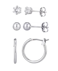 Adornia Silver Hoop, Solitaire and Ball Stud Earrings Set