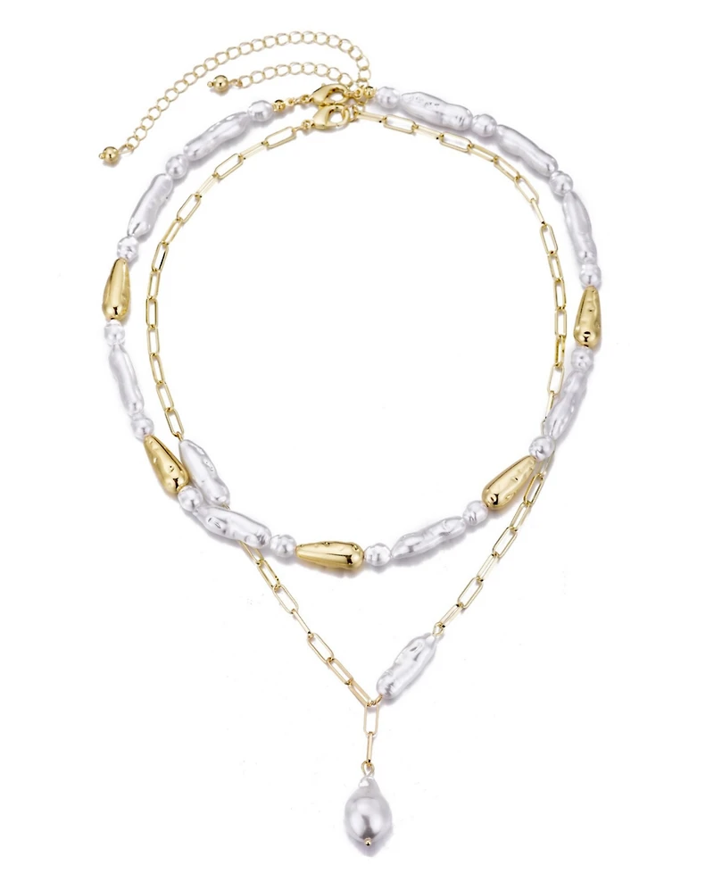 Adornia Gold Beaded Faux Cultivated Pearl Layered Lariat Necklace